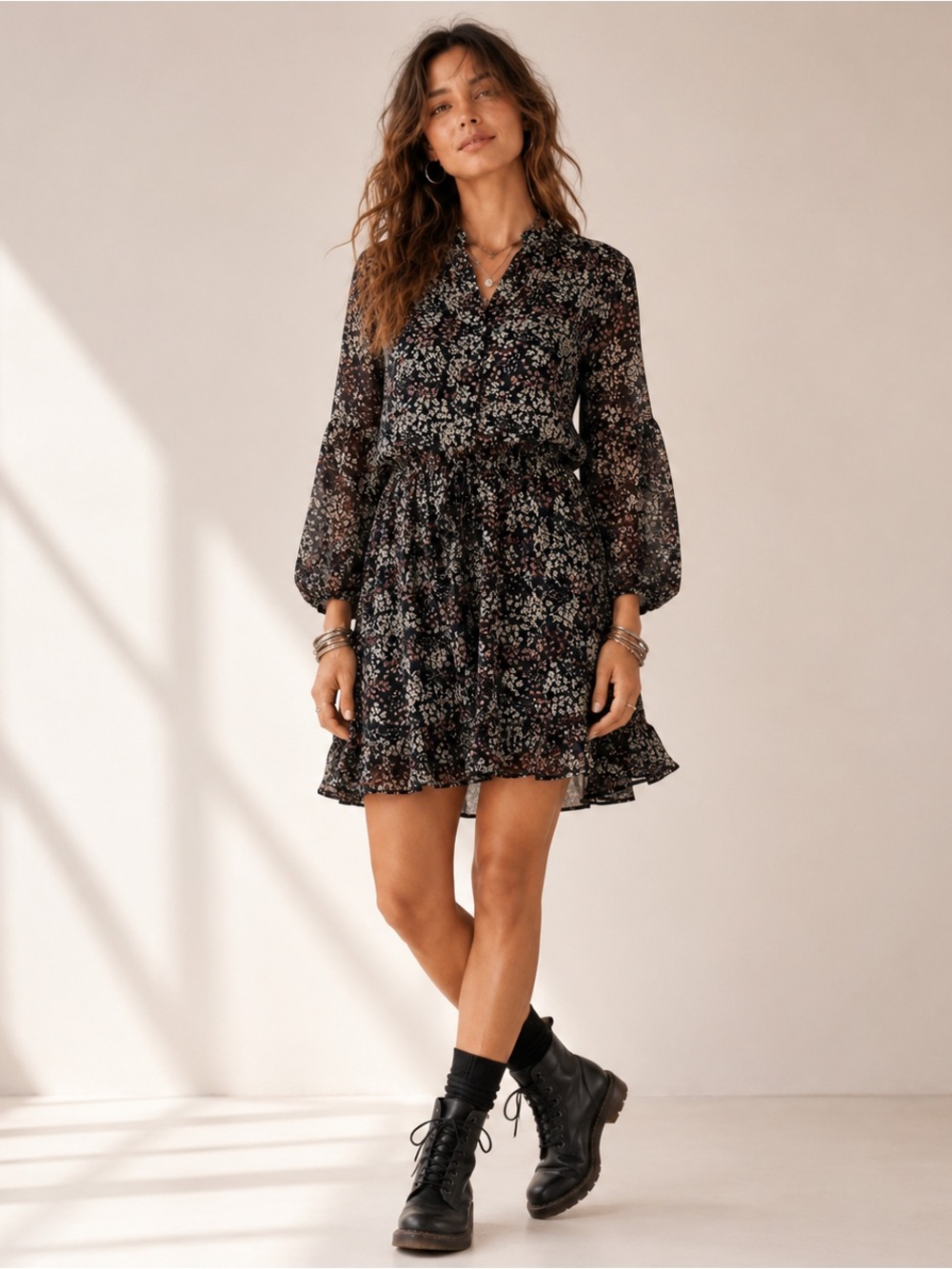 NWT Aakaa Black Floral Mini Dress Size S Sheer Sleeve Lined Boho Romantic